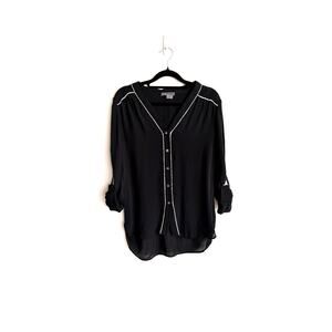 Vince Black 100% Silk Button Front Blouse White Contrast Trim Size Small